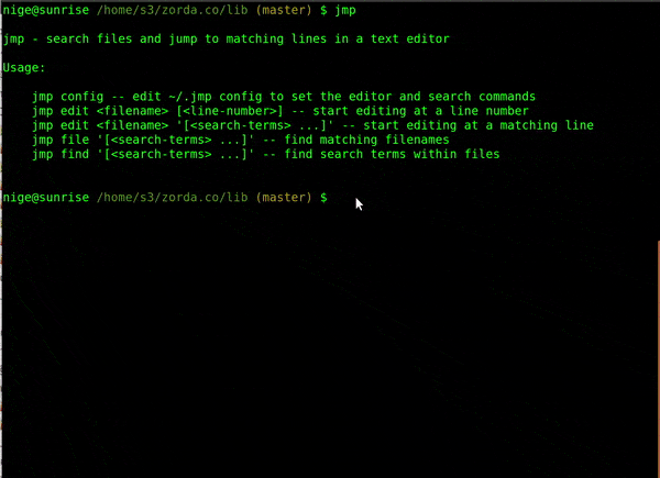 Animated demo of jmp v2 browsing search results and editing a file