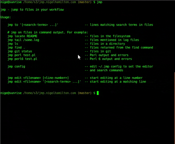 Animated demo of jmp paginating command output and jumping into an editor
